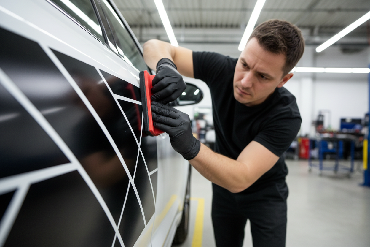 man professionally installing a decal on a car door