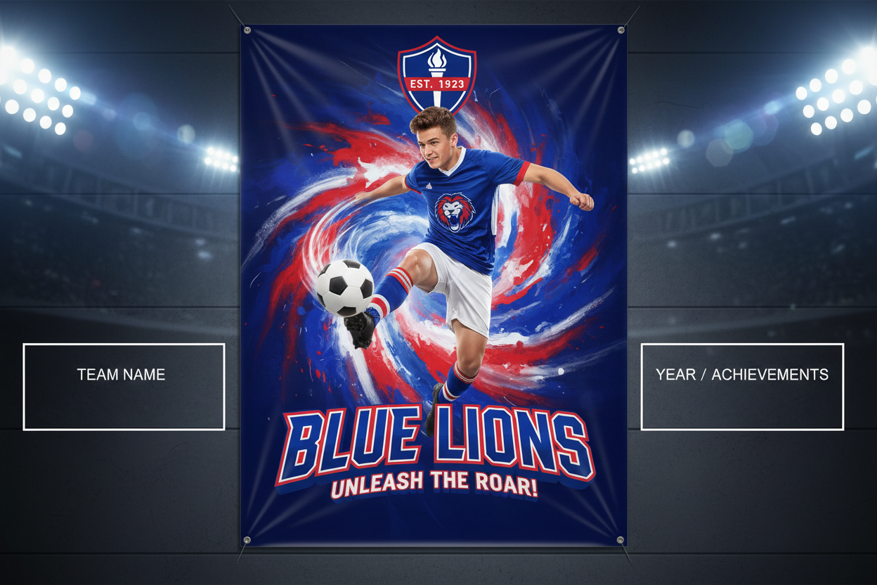 school spirit sports banner with young athlete
