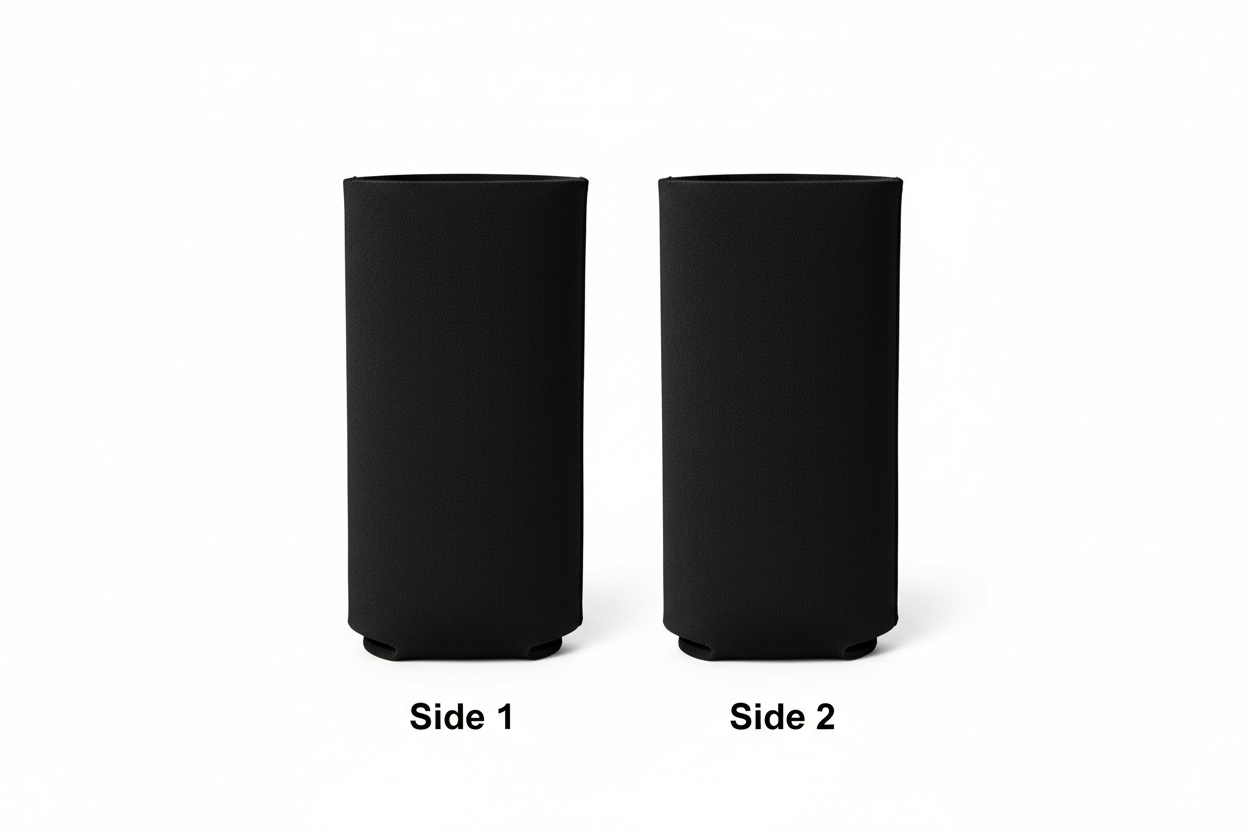 2 Black Blank slim can koozies side by side, under the first koozie have "Side 1" under the second koozie have "Side 2"
