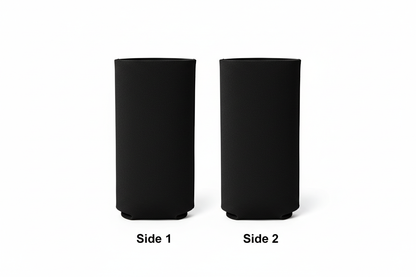 2 Black Blank slim can koozies side by side, under the first koozie have "Side 1" under the second koozie have "Side 2"