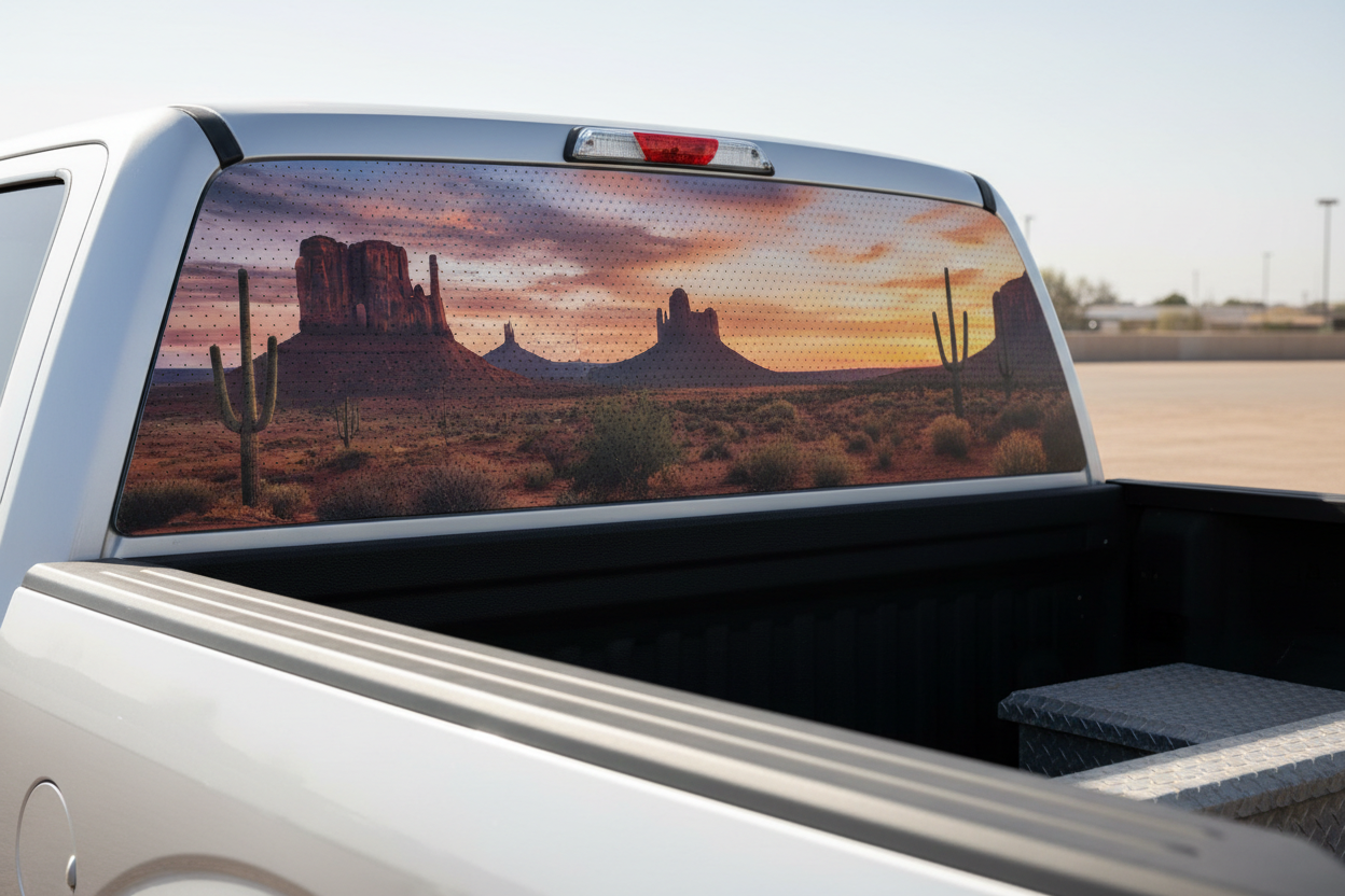 back window of a truck covered in view through perforated vinyl