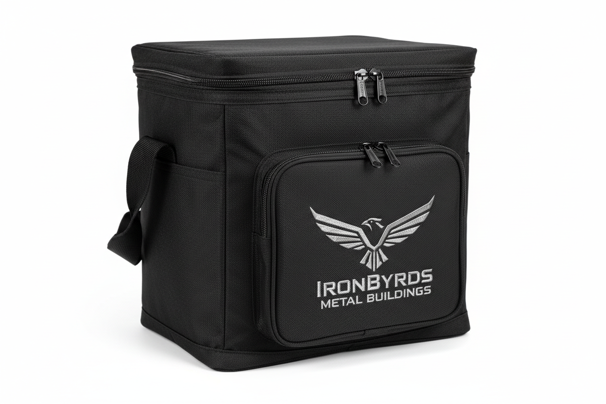 build a black cooler with an IronByrds Metal Buildings logo embroidered on small front pocket