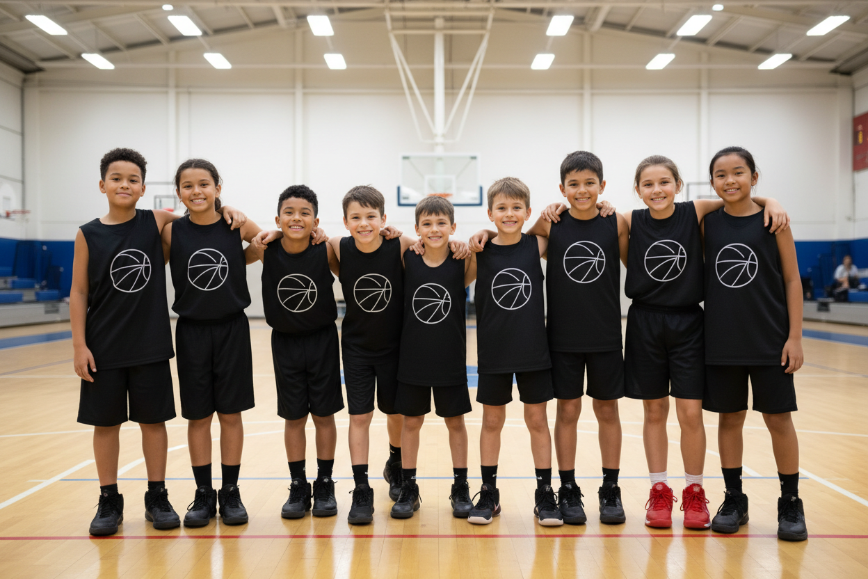 create a young basketball team with all matching black jerseys with a simple basketball design on the front of each jersey