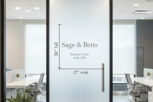 cut vinyl decals on an office door displaying name and hours
