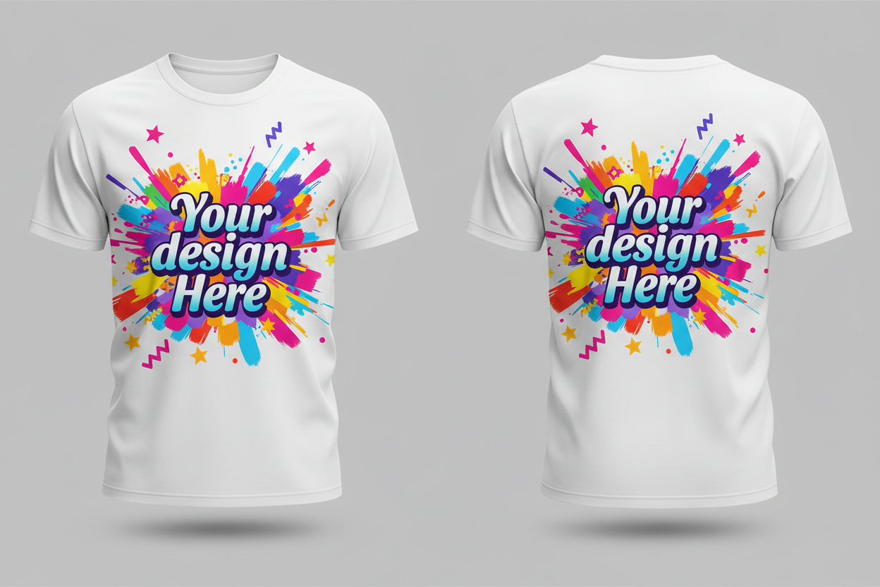 design a colorful graphic tee that says "Your design Here" on the full front and the full back