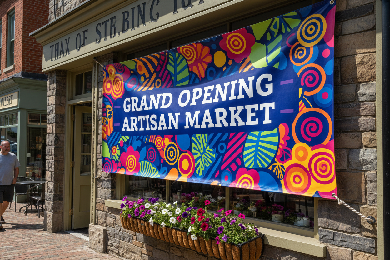 design a custom banner that is hanging outside with a colorful design on it