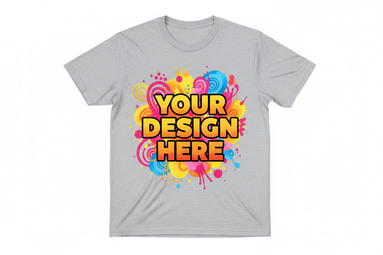Grey tshirt with colorful graphic that says "Your Design Here"