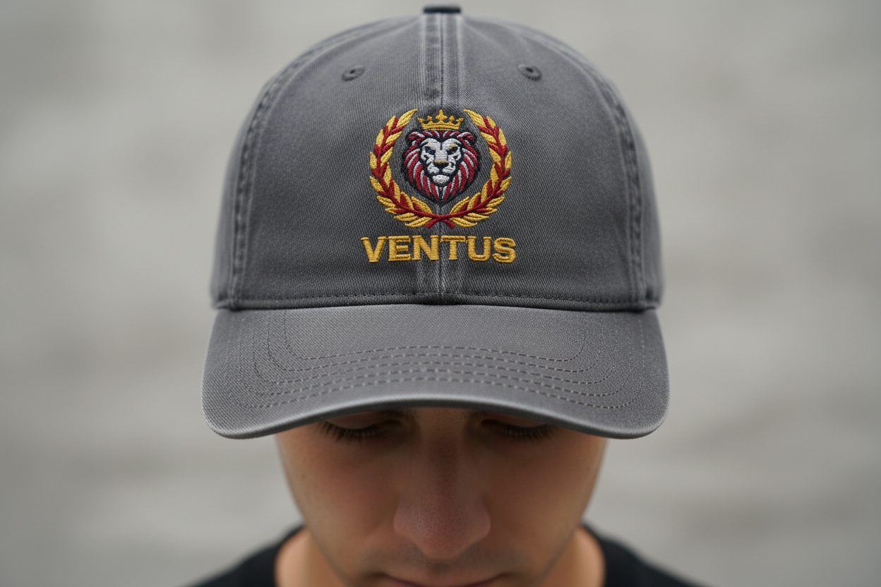 Man wearing cap with embroidered logo on front