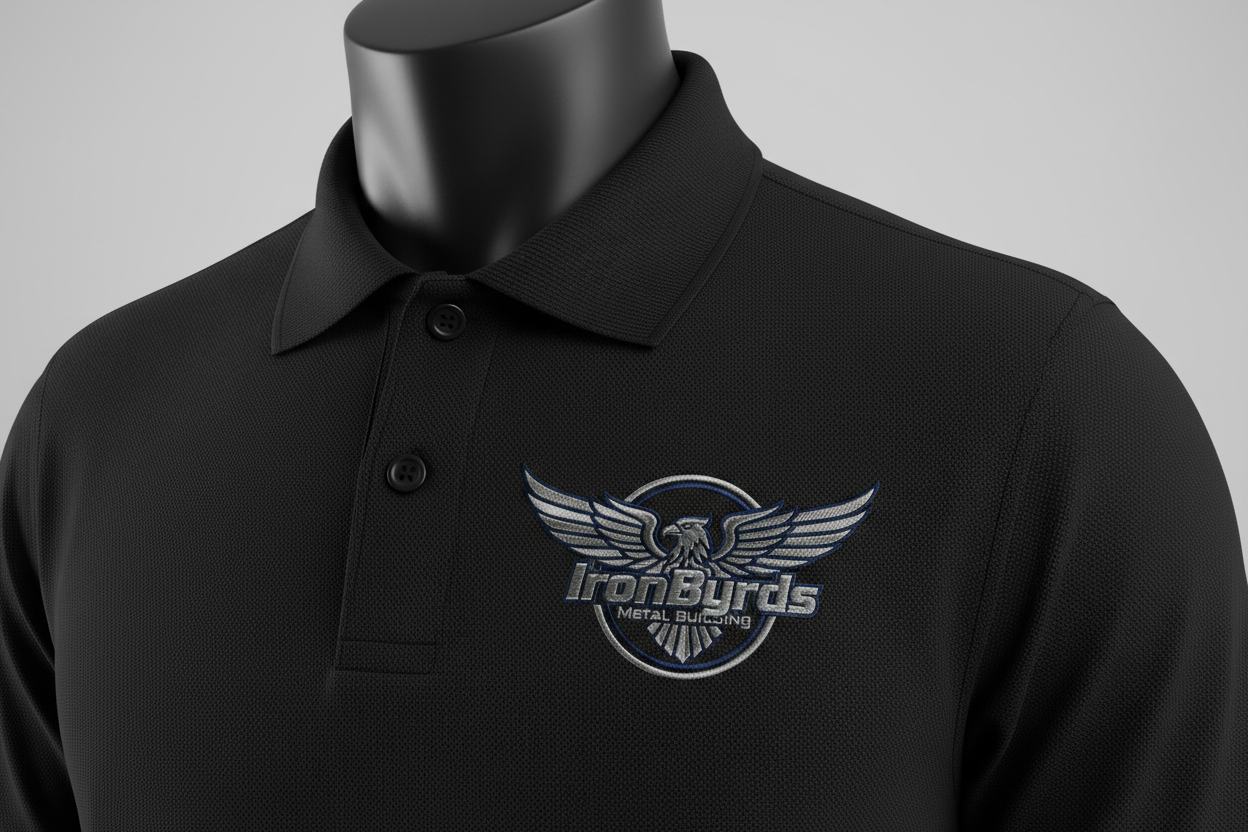 Put IronByrds Metal Building Logo embroidered on left chest of black polo