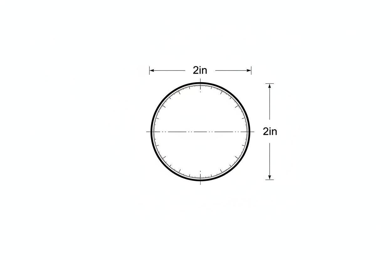 round graphic with 2in by 2in measurements on outside to show size