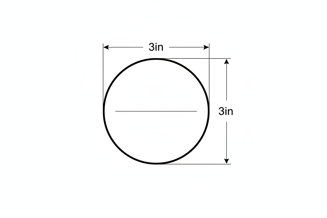 round graphic with 3in by 3in measurements to show size