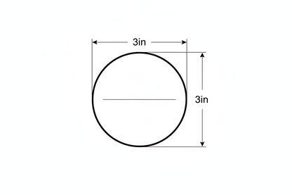 round graphic with 3in by 3in measurements to show size