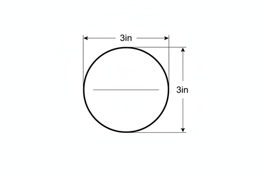 round graphic with 3in by 3in measurements to show size