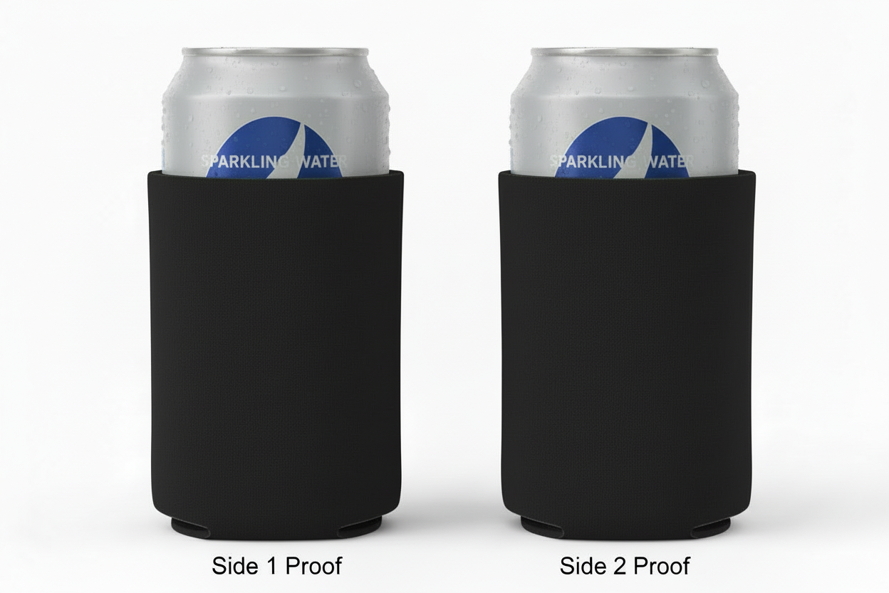 Show two black neoprene koozies side by side, no background, with cans inside