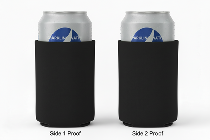 Show two black neoprene koozies side by side, no background, with cans inside